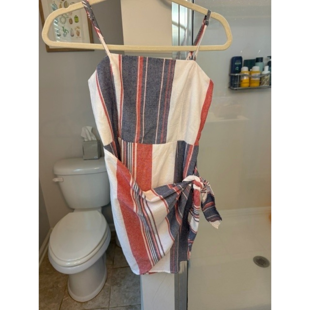 &merci Striped Tie Waist Mini Dress Red White Blue Sleeveless Wrap Style